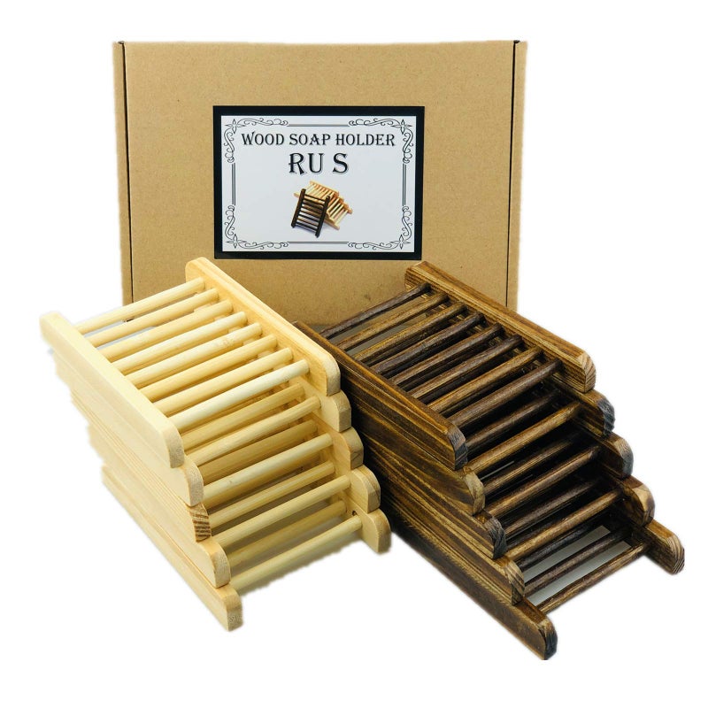 Ru S 10 Piece Home Bamboo Wood Soap Holder, Bathroom Wooden Soap Case, Hand Craft Bathtub Shower Dish Accessories (Charcoal and Wooden) - Image 1